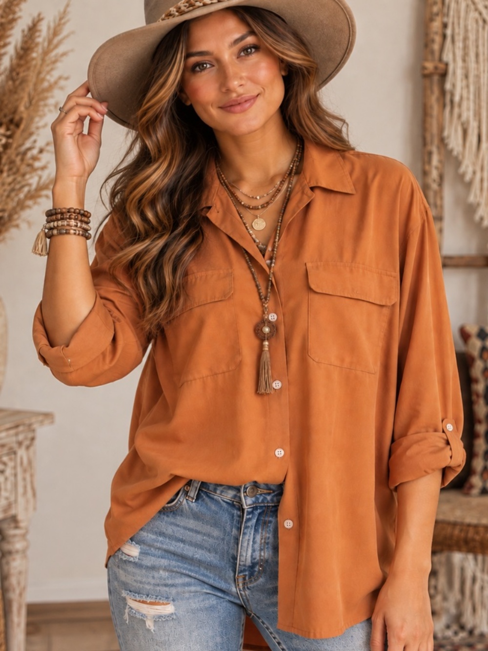 Susan Bristol Vintage long-sleeved, button-down blouse in a burnt orange